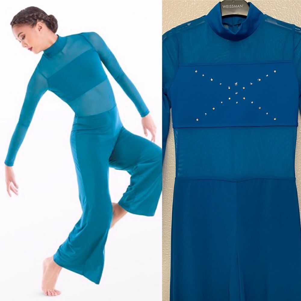 WEISSMAN Balera Danceย Costume teal Culotte Unitard With MeshโMJ11187 ChildโLC